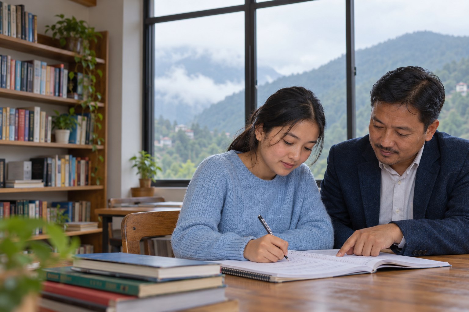 Student working through an exercise with a teacher in a classroom overlooking misty hills