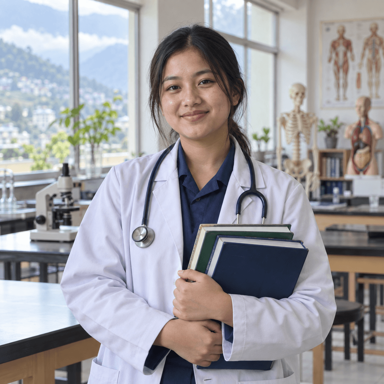 Aspiring medical student in a white coat holding books with a stethoscope around her neck
