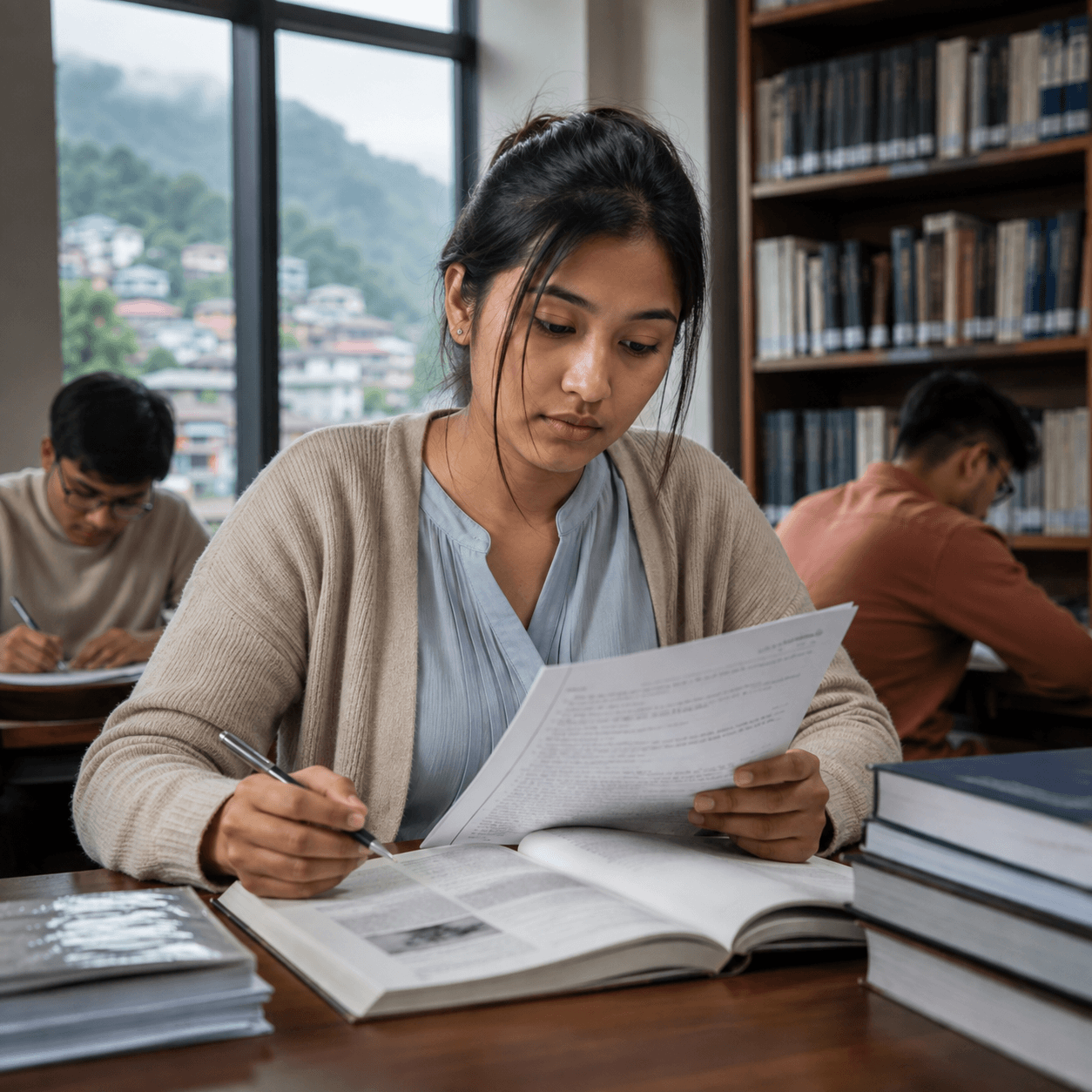 Student reading a book in a library