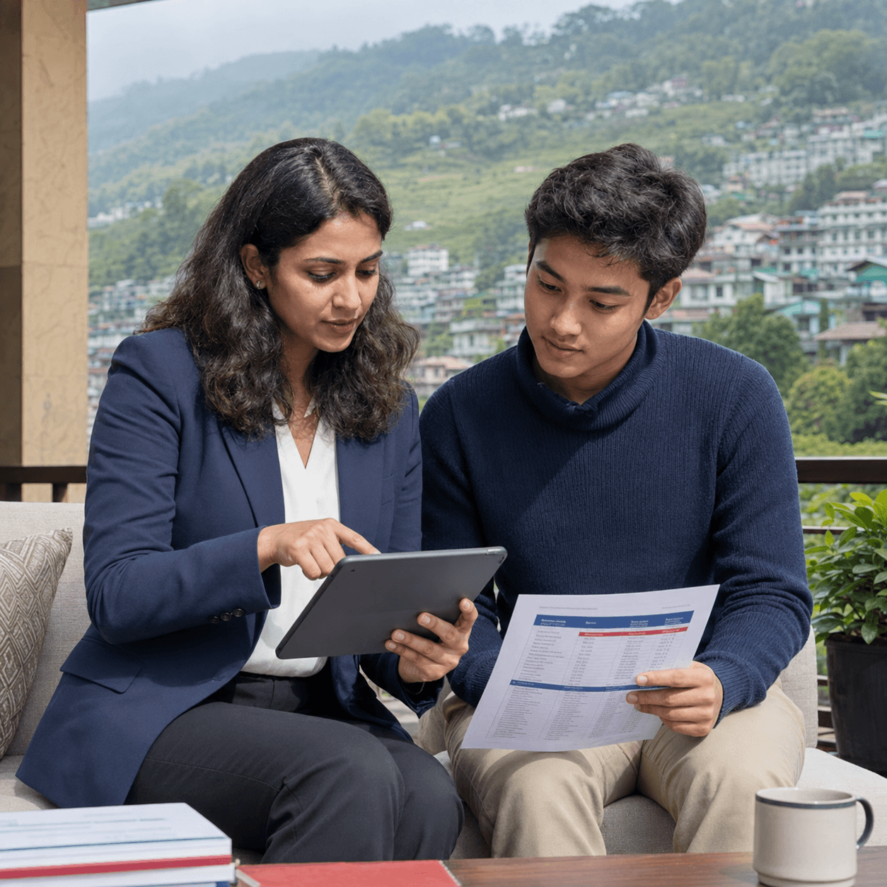 Student reviewing college choices with an education counsellor
